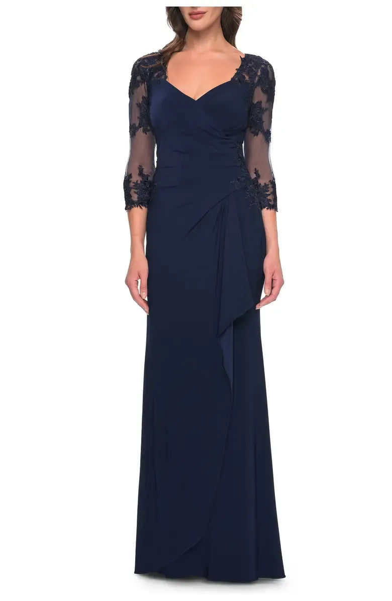 Trendy Fitted V-neck Illusion Sleeves Zipper Up Floor-Length Mother of the Bride Dress